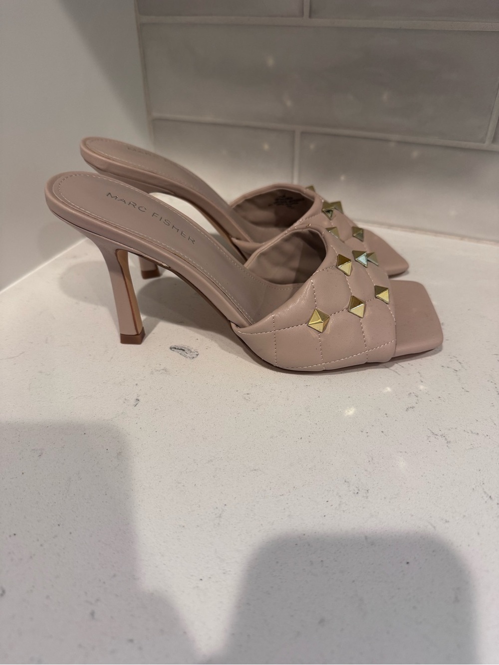 Marc Fisher Blush Quilted Slide Heels with Gold Studs